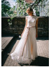 Cap Sleeves Ivory Lace Chiffon Blush Lining Airy Wedding Dress